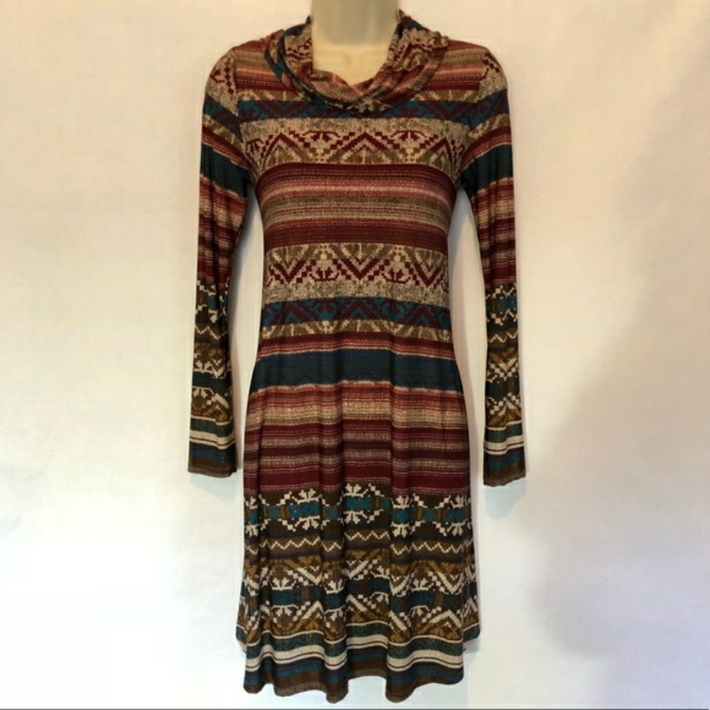 💮Aztec Pattern Mock Neck Flowy Dress w/ Pockets
